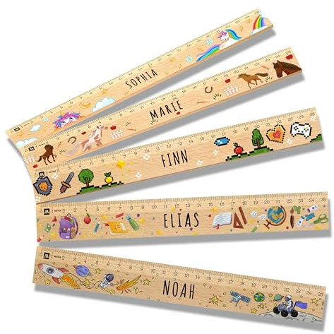LOOXIS Règle personnalisée avec prénom - 20 cm, Motif d'école, imprimé multicolore, bois de cèdre - Idée cadeau, cartable, première rentrée, garçons et filles