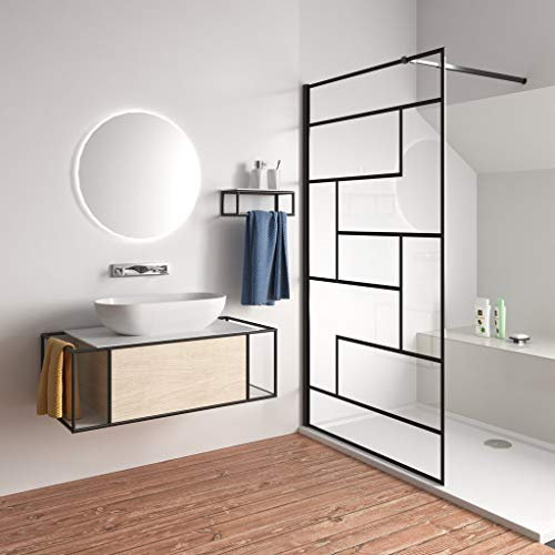 Walk In Parete Per Doccia Vetro Temperato 8mm Anticalcare Serigrafato Nero con Riquadri Barra Stabilizzatrice da 73-120cm Nero Opaco 120x200cm