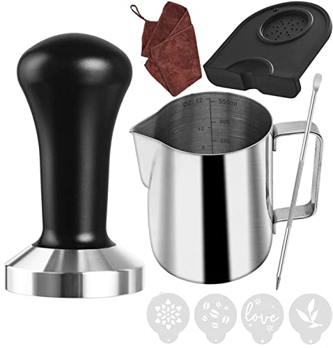 Ezebesta 51 mm Coffee Tamper Set Coffee Press for Portafilter Machine Espresso Tamper with Tamper Mat, Frothing Pitcher (350ml/11.836oz), Barista Towel, Latte Art Pen and Decorative Stencils
