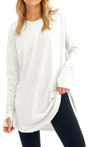 Fisoew Women's Casual Long Sleeve Tops Crew Neck Round Hem Loose T-Shirts Tunic Tops with Thumb Holes White