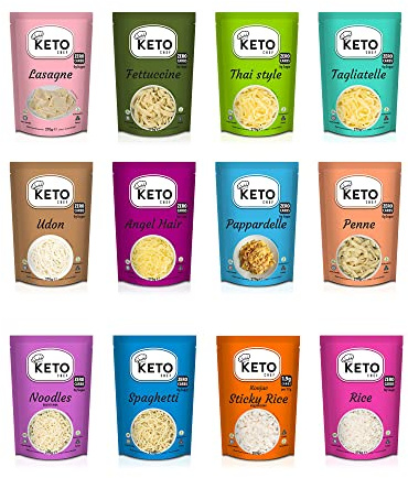Keto Chef Slim Rice Pasta Noodle - Instant Food, Angel Hair, Udon, Lasagne, Thai Style, Fettuccine, Spaghetti, Tagliatelle, Sticky Rice, Penne, Noodles, Pappardelle, Ready to Eat | Pack of 12 (270g)