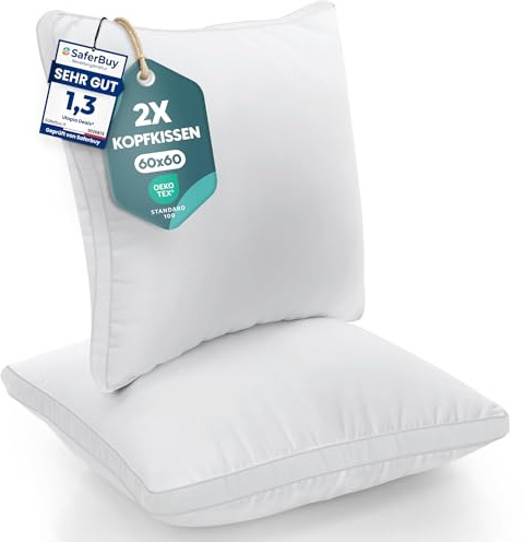 Utopia Bedding Kopfkissen (2er Set), 60 x 60 cm Schlafkissen, Gebürsteter Stoff Bezug Bettkissen, Premium Qualität Weich et Atmungsaktiv Kissen (Weiß)