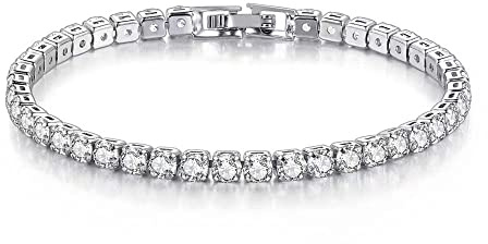 BSLVWG Pulsera de tenis de plata de ley de 4 mm para mujer, pulsera ajustable de circonita S925, pulsera de amiga, regalo para mamá, 5 inches, Cristal Metal Plata, Circonita cúbica