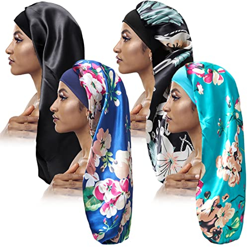 EOGRFW Satin Haarhaube Lang,4 StüCk SchlafmüTze Satin Haube Schlafen,Schlafhaube Seide,Satin Bonnet Sleep Cap für Damen und Mädchen Langes Langes Lockiges Haar Braids (Schwarz,3 Florale Muster)