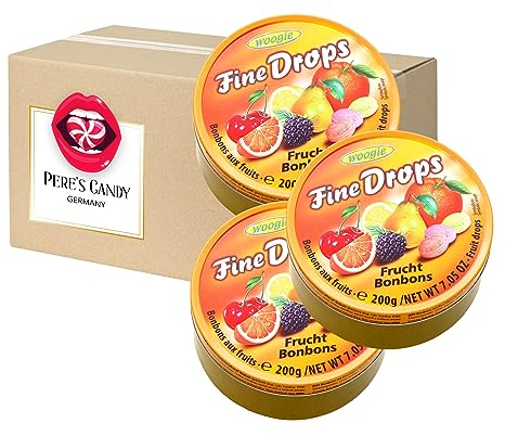 Fine Drops - Bonbons Süßigkeiten Früchtemix Geschmack 3 x 200g in Metalldose von Pere's Candy mit Geschenk notepad - Bundle