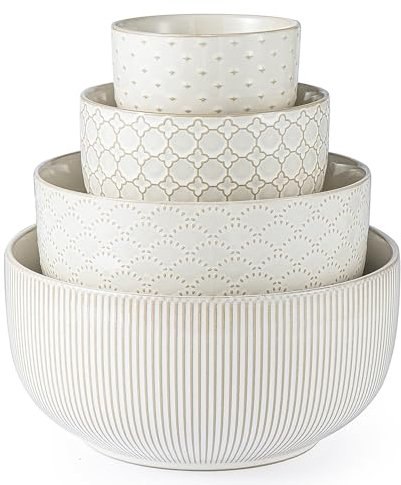 Mikiegy Ceramic Mixing Bowls Set of 4, Nesting Ceramic Embossment Stoneware Mixing Bowls for Cooking, Serving, Popcorn, Salad etc, Microwave & Dishwasher Safe, 20/44/98/145 oz, Off-White
