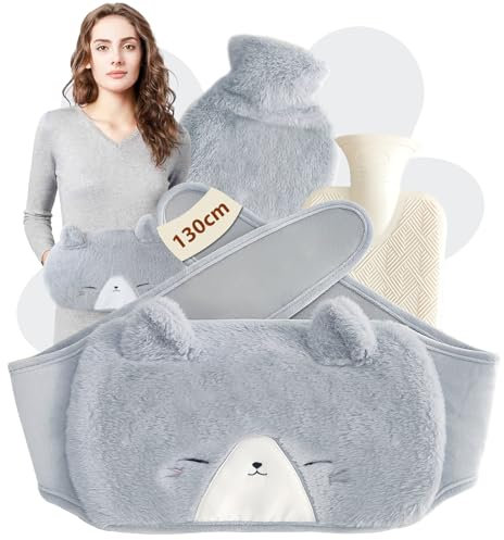 3 in 1 Wärmflaschengürtel, 1L Wärmflasche mit Bezug, Gummi Wärmflasche zur Schmerzlinderung für Nacken Schulter Rücken Taille Regelschmerzen, für Kinder, Erwachsene, Ältere, Frauen (Katze - Grau)