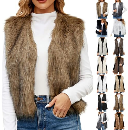 Damen Westen Elegant Fellweste Ärmellose Pelzweste Vest Jacke Fellweste Faux Pelz Kunstfell Mantel Pelzjacke Fell Cardigan Winter Warme Fellweste Pelzmantel Einfarbig Kunstpelze