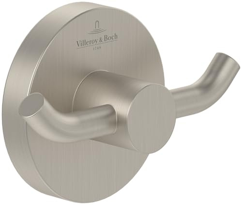 Villeroy & Boch Elements - Tender - Gancio doppio per asciugamani da parete, gancio da parete in zinco, accessori da bagno, gancio rotondo, 76 x 32 x 54 mm, nichel spazzolato opaco