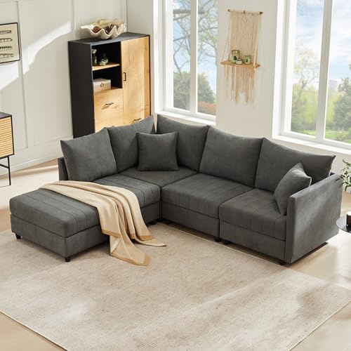 Divano Letto Angolare 5 Posti, Divano Modulare Forma di L con Poggiapiedi Trasformabile e Cuscini, Doppi Sedili Reclinabili, Poltrona Lounge per Appartamento Soggiorno -194 (L) x 220 (P) x 85CM(A)