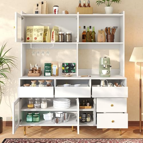 Oslghy Alacena de Cocina, Armario Cocina Alto, Mueble Aparador Comedor Salon con Puerta de Cristal y Botellero, Aparador Alto, Mueble Auxiliar de Salon con 5 Cajones y Estantes, Blanco, 145×39×171cm