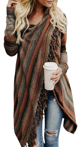 Gilets légers pour Femmes, Ouverts sur Le Devant, tricotés, à Franges, Coupe Ample, col Rond, Rayures, Pulls à Franges 2025