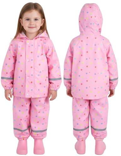 JiAmy Boys Girls Waterproof Suit, Toddler 2-Piece Raincoat with Portable Storage Bag and Reflective Strip Pink for 3-4 Years