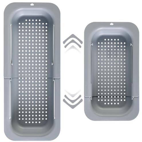 Coladora Extensible, Colador Fregadero Extensible, Cesta Filtro para Lava Verduras, Cocina Plegable Escurridor Alimentos, Extraíble Colador Pasta, para Cocina, Lavar Verduras, Frutas, Gris