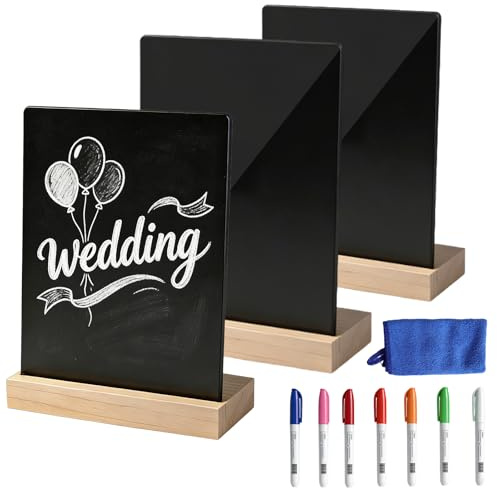 Lot de 3 Tableaux Noirs A5 avec Support en Bois, Ardoise Effacable Équipé de 12 Craie pour Tableau Noir, Tableau Noir de Table pour Buffet Signes Étiquettes de Prix Affichage Menu Boissons
