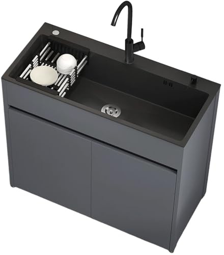 Lavabo Indipendente in Acciaio Inox con Rubinetto Estensibile e Tubi Dell'acqua Calda e Fredda, Lavello da Cucina con Armadio Contenitore e Scolapiatti per Esterni, Interni, 68 CM/80 CM
