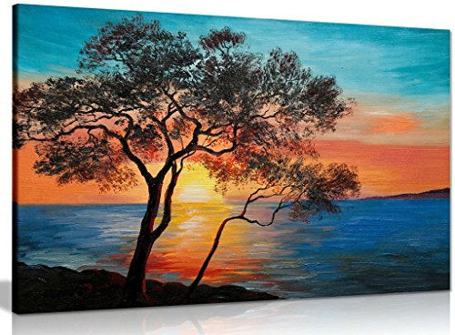 Tree Near The Lake at Sunset Oil Painting Canvas Wall Art Picture Print (30x20in)
