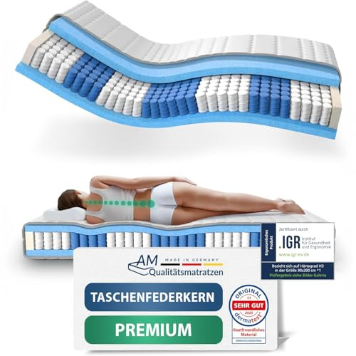 AM Qualitätsmatratzen Premium Taschenfederkernmatratze 135x190cm H3 24cm - Made in Germany & Oeko TEX Siegel - 7 Zonen Federkernmatratze 135x190 mit Lyocell Bezug - Ergonomische Matratze 135x190 H3