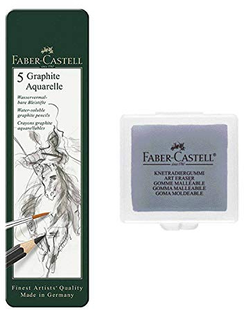 Faber-Castell 117805-5 akvarellpennor grafit akvarell, innehåll HB, 2B, 4B, 6B, 8B (5 knådningsraderare)