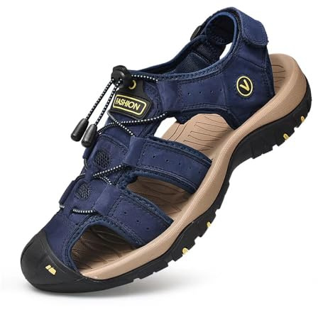 Sandaler för män, i läder, vandringssandaler, utomhusskor för sommar, andas, storlek 38–48, blå, 42 EU