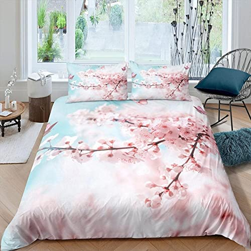 LUYAPOND Parure de Lit 90x190 Enfant Fleurs De Cerisier Roses du Japon Housse de Couette 90x190 avec Fermeture Éclair - Sets de Housse Couette en Microfibre, avec 1 Taie d'oreiller 65x65 cm