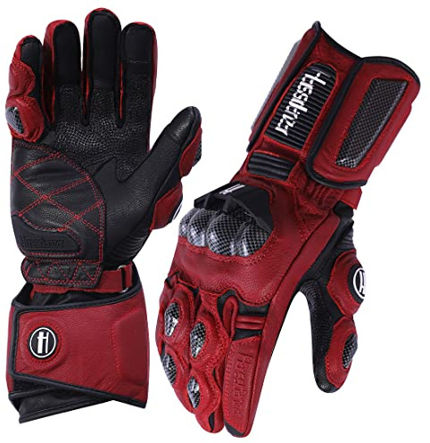 Harssidanzar Leather Motorcycle Gloves for Men and Women,Powersports Carbon Fiber Knuckle Protection Motorbike Gloves KM045,Oxblood/Black,Size XL
