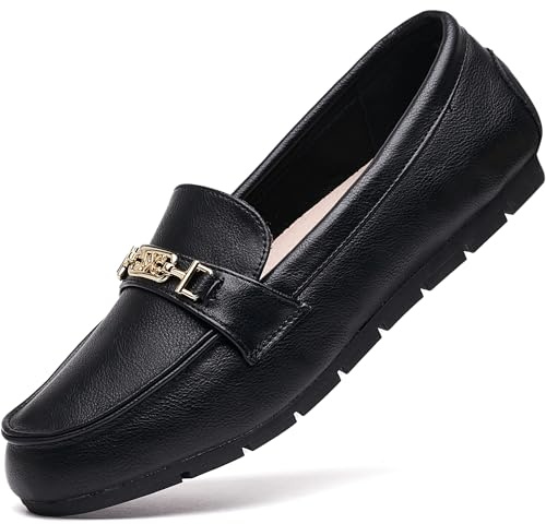 DeYashopin Women's Loafer Shoes Leisure Slip On Work Shoes Comfort Walking Flats Black Leather 8