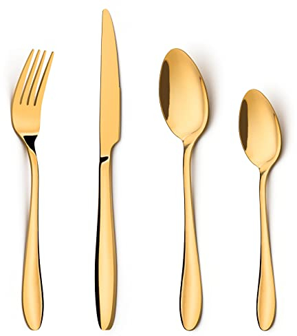 HaWare Gold Cutlery Set, 16 Piece Stainless Steel Flatware, Elegant Tableware Silverware Include Knives Forks Spoons, Service for 6 People, Mirror Finish, Dishwasher Safe