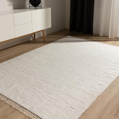 benuta Basic Baumwollteppich Tom - Creme 160x230 cm - Handgewebter Wohnzimmer Teppich - 100% Recycelte Baumwolle - Für Fußbodenheizung geeignet