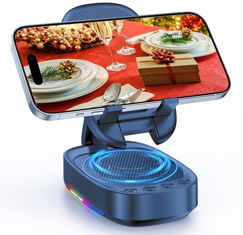Cell Phone Stand with Wireless Bluetooth Speaker, Unique Gifts for Men/Women, Adjustable Phone Holder with 5 LED Light Modes, Anti-Slip Base HD Surround Sound, Compatible with iPhone/iPad, Blue