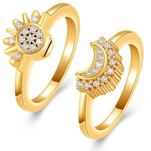 Anelli a urna per cremazione per ceneri, set di anelli celesti con sole e luna, anello scintillante con sole, anello luna blu, placcato argento, anello di promessa di amicizia, anelli celesti