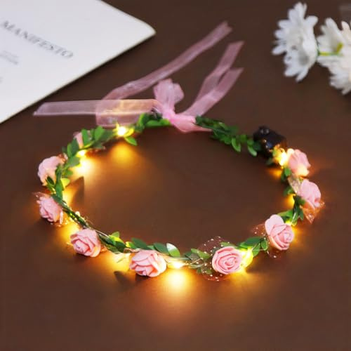 Couronne Fleur Cheveux, Serre Tete Lumineux, Bandeau Fleurs Cheveux Femme, Accessoire Cheveux Mariage, Couronne de Fleurs Lumineuse LED pour Mariage, Evjf, Anniversaire, Fête Plage, Communion (Rose)