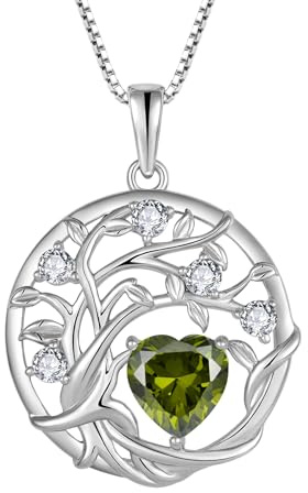FJ livets träd kedja damer 925 sterlingsilver livets träd halsband hänge födelsesten smycken gåvor för kvinnor, Kubisk zirkon, Peridot