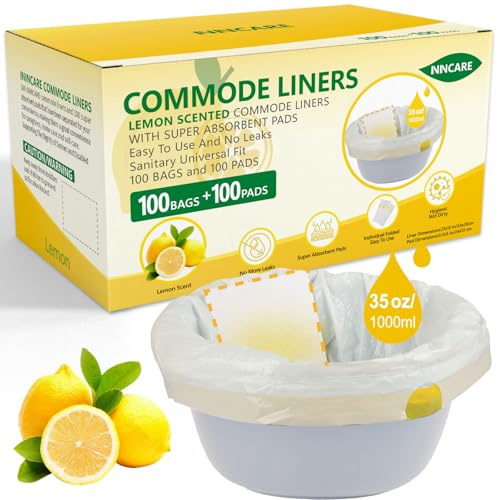 ININCARE Commode Liners with Absorbent Pads for Bedside Commode, 100 Lemon Scented Bedside Commode Liners and 100 Commode Pads, Commode Toilet & Camping Toilet Bags