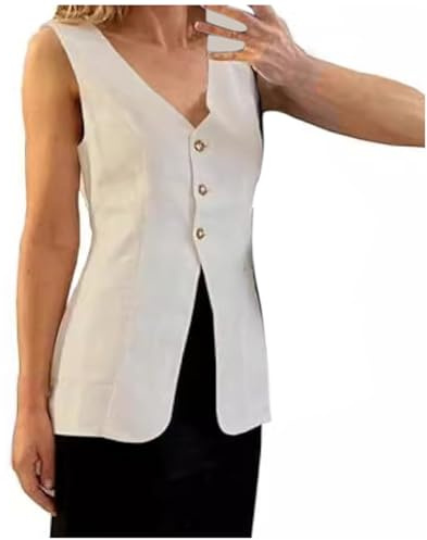 2025 - Gilet lungo in lino da donna, estivo, casual, senza maniche, beige., M