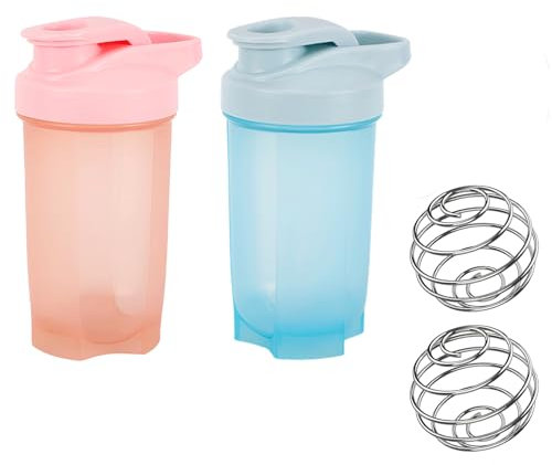 HarnyLoom Eiweiß Shaker Flasche 500 ml, 2 Stück Shaker Becher Proteinshake mit Mixerkugel Skala Auslaufsicherer Langlebiger Workout Wasserbecher für Fitness Sport Getränkeflaschen (Blau+Rosa)