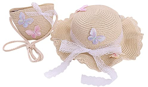 lozssnigzi Chapeau De Paille Enfant, Chapeau Paille Et Sac Set, Chapeaux Soleil d'Été Anti UV, à Volants pour Enfant Le Tourisme Vacances Plage, 2-8 Ans