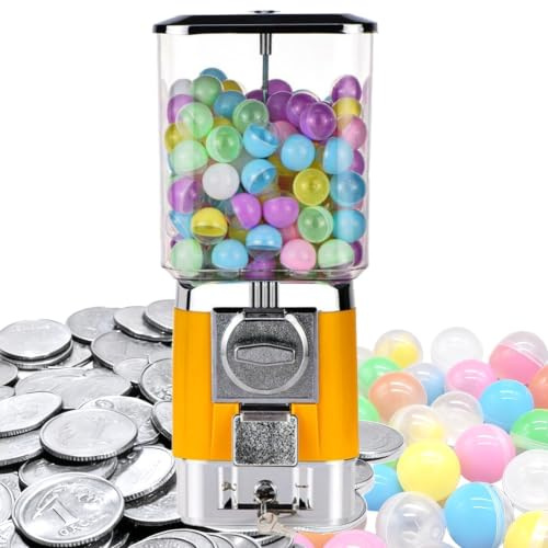 Godisautomater, myntdriven tuggummimaskin, 200 tomma bollar, 100 polletter i rostfritt stål, myntdriven tuggummibollsbank for leksakskapslar, studsbollar, godis, for spelbutiker(Yellow)