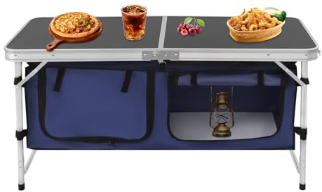 ROMYIX Camping Table with Storage,Folding Camping Kitchen Cupboard Height Adjustable Aluminum Storage Table Outdoor Camping Table for Garden Patio BBQ Party,77.16lbs Load Capacity,