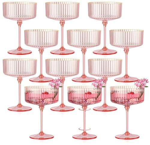 HKSZEH 12 PCS Ribbed Coupe Glasses Pink Plastic Champagne Coupe Cup 10oz Detachable Gold Rim Espresso Martini Glass Vintage Margarita Glassware Cocktail Glass for Wedding Bachelorette Party
