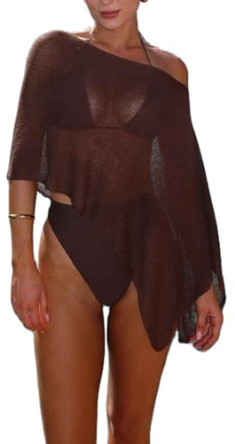 Anuedgis Women's Sheer Knit Poncho Cover Up Lightweight See-Through Cropped Shawl for Beach Holiday Casual Layering