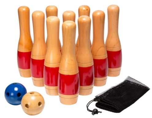 HEY! PLAY! Bowling Set - Indoor and Outdoor Game for Adults and Kids Ages 3 and Up - Includes 10 Wood Pins, 2 Bowling Balls, and Carrying Bag (Red)