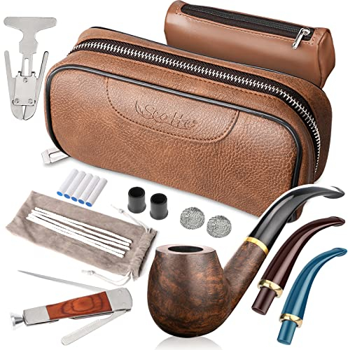 Scotte Pipe à tabac en cuir de poirier, accessoires pour pipe à tabac (racloir/support/élément filtrant/boule filtrante/petit sac/boîte) (marron)