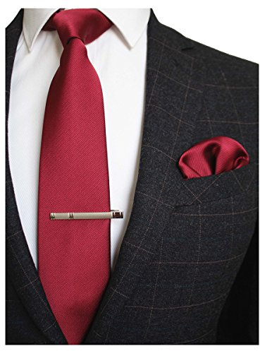 JEMYGINS Corbata de Sarga de Color Sólido para Hombre incluye Pañuelo de Bolsillo y Clip de Corbata Burdeos