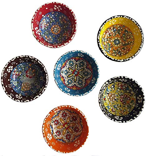 Tubibu Lot de 6 bols décoratifs turcs en céramique – Fabriqués à la main – Petits bols de service multicolores (décoratif, 8 cm)