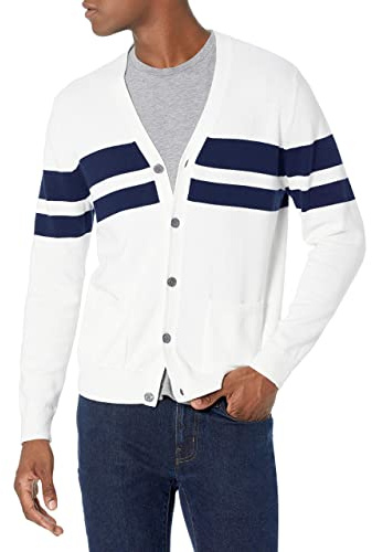 Amazon Essentials Men's V-Neck Cotton Cardigan Sweater, Navy White Rugby Stripe, Medium
