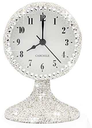 CARCHILE Luxury Rhinestone Small Alarm Desk Table Clock Morning Call Handmade Fashion Design for Bedroom Houseroom Living Room Cute As Gift AR (Silver)