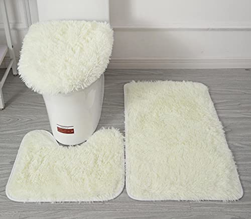 Weiche Mikrofaser-Badezimmerteppich-Set, 3-teilig, Badteppich + Konturenmatte + WC-Sitzbezug, rutschfeste Badezimmerteppiche mit PVC-Punkt-Flanell-Rückseite, wasserabsorbierend, massiv, cremeweiß