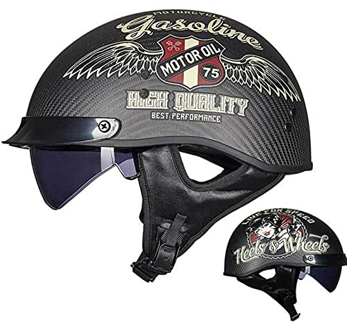 BCBKD Carbon Fiber Vintage Motorradhelm, Open Face Motorradhelm Halbhelm mit Sonnenblende Retro Style DOT/ECE genehmigt Halbschale Motorrad Street Bike Helm für Erwachsene Herren G,XL