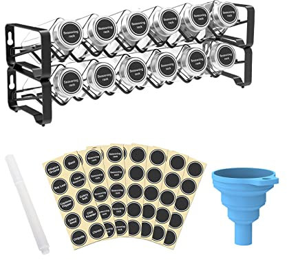 Lekind Gewürzregale mit 12 leeren quadratischen Gewürzdosen, Gewürzetiketten mit Kreidemarker und Trichter, komplettes Set, für Arbeitsplatte, Schrank oder Wandhalterung, schwarz